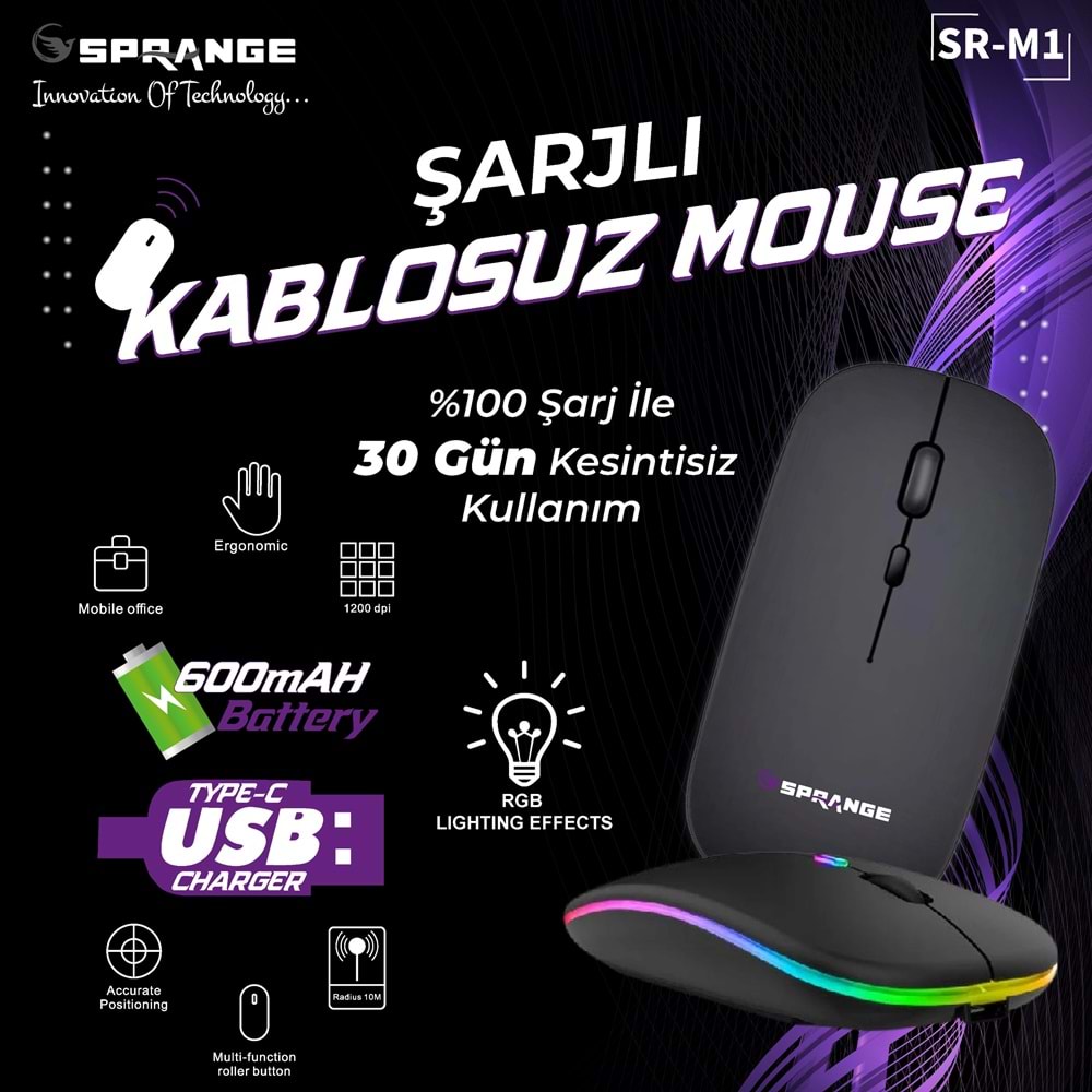 SPRANGE BT 5.2 +ŞARJLI IŞIKLI KABLOSUZ MOUSE SRM1