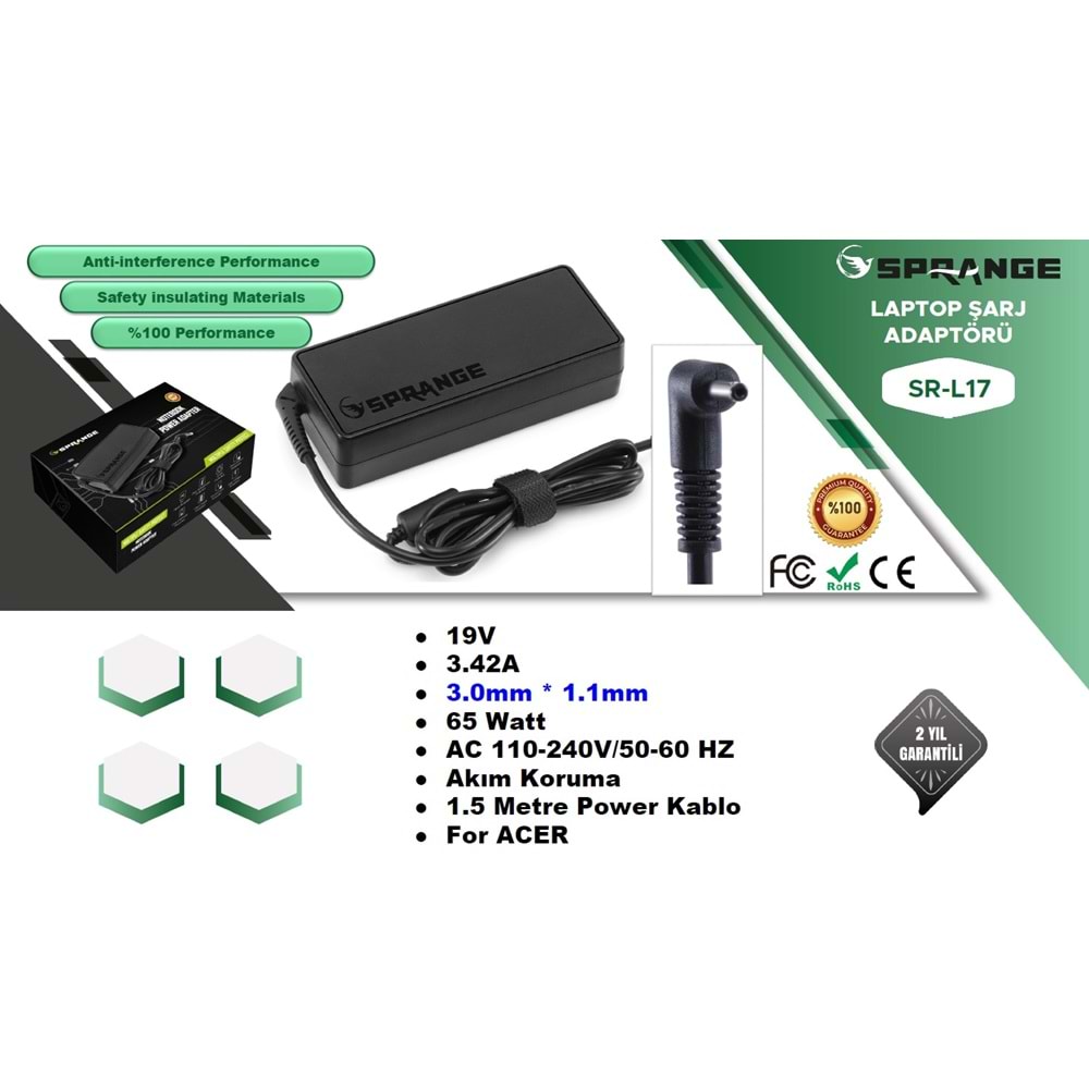 19V 3.42A 3.0*1.1 ACER - CASPER İNCE UÇ L17 SPRANGE SR-L17