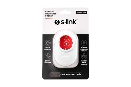 S-Link SL-08 16A 3500W 1800 Joule Isıya Duyarlı Devre ve Akım Korumalı Tekli Priz