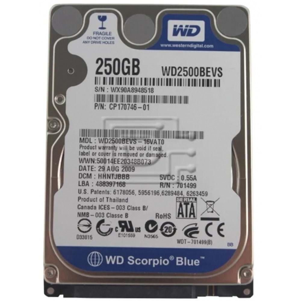 WESTERN DIGITAL 250GB WD2500BEVS SATA 5400 RPM 2.5