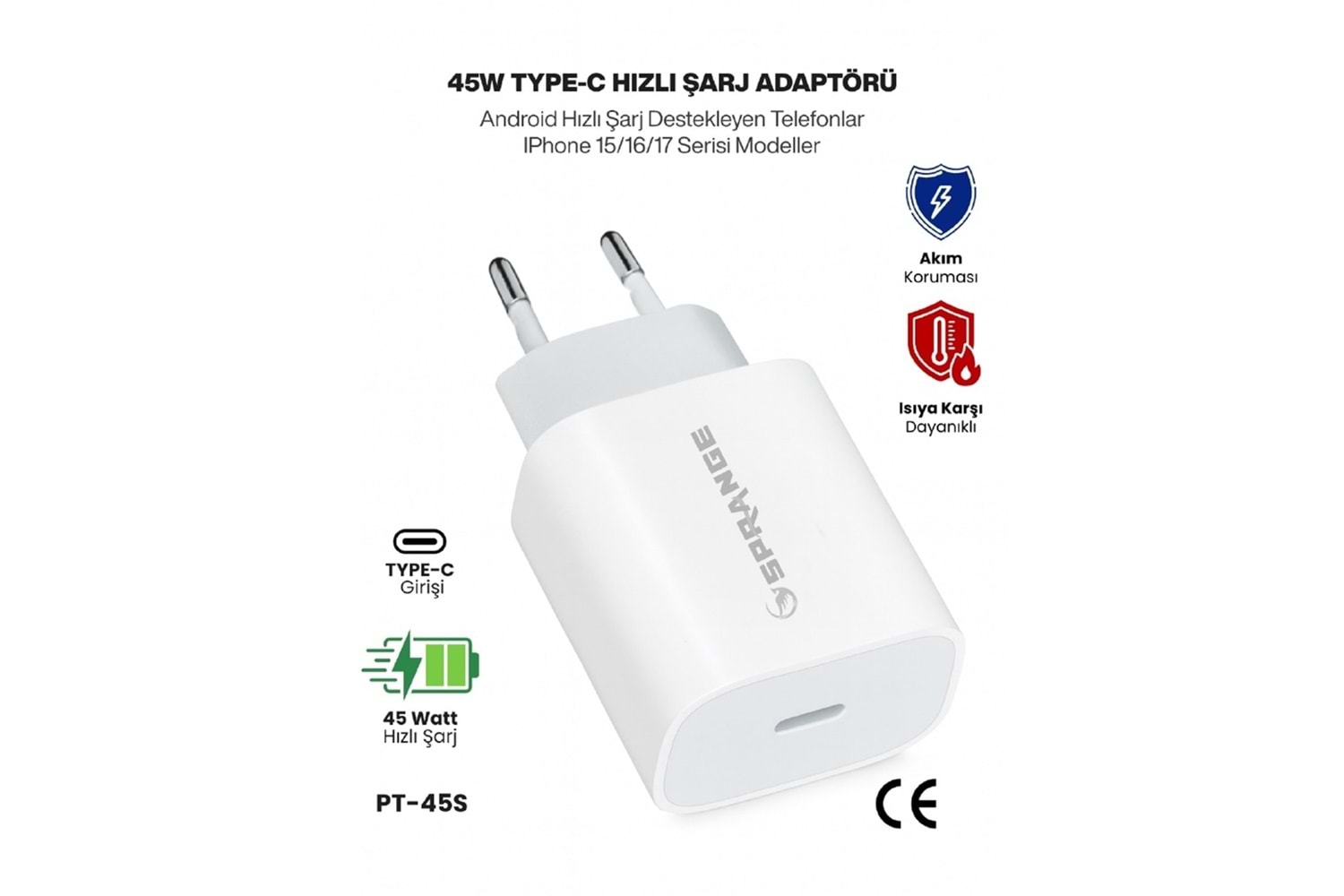SPRANGE PT-45S 45W Type-C Iphone 15/16/17 Uyumlu Hızlı Şarj Adaptörü PT45S