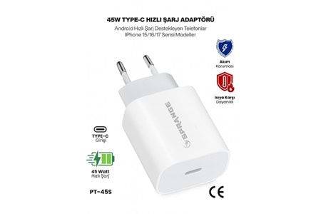 SPRANGE PT-45S 45W Type-C Iphone 15/16/17 Uyumlu Hızlı Şarj Adaptörü PT45S