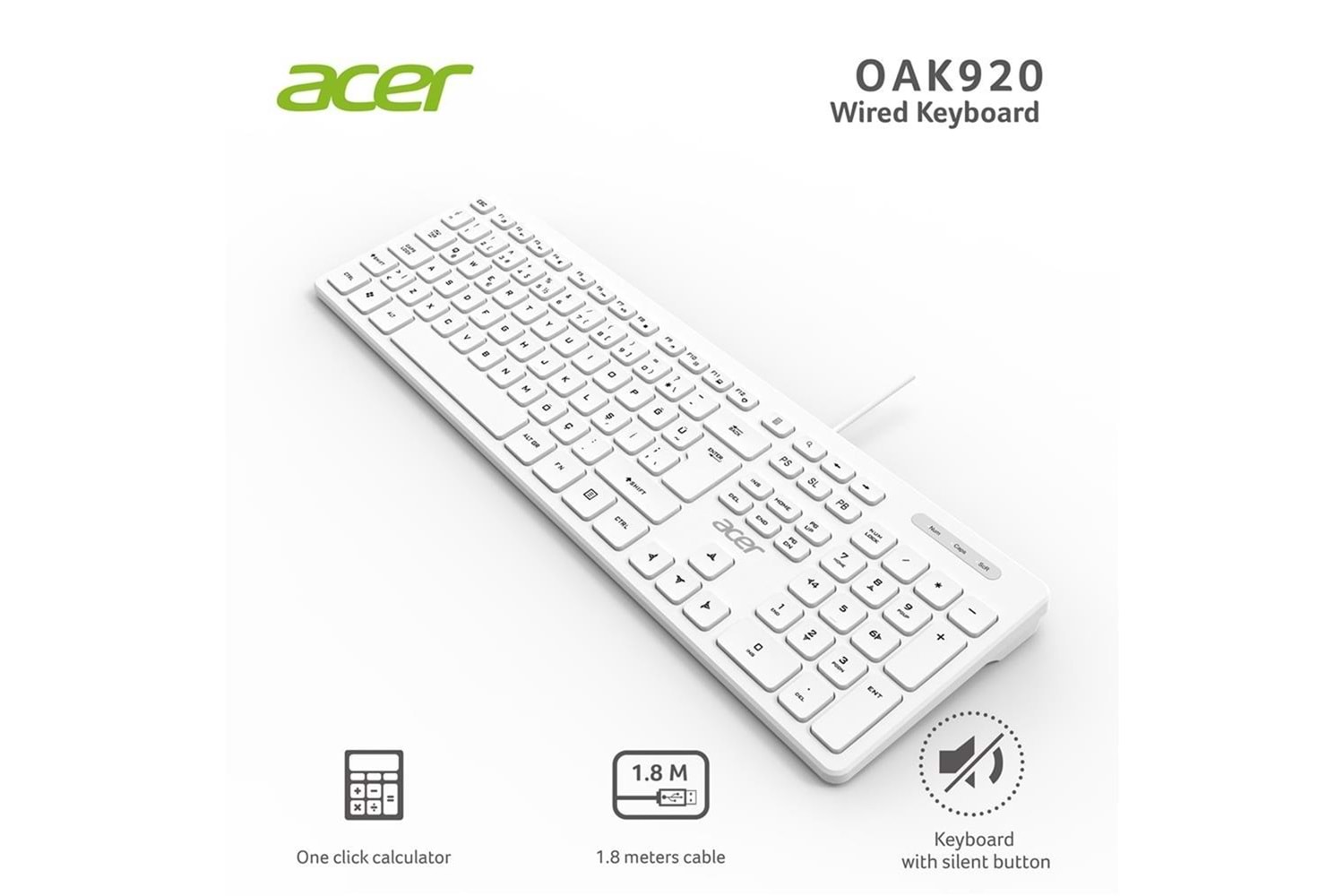 ACER OAK920 Q USB BEYAZ 1.8MT KABLOLU KLAVYE/TEK TUŞ HESAP MAKİNALI (Sessiz Tuş)