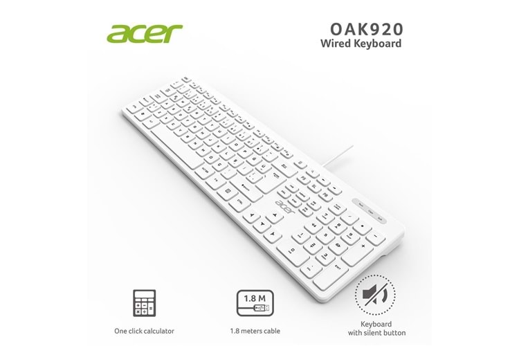 ACER OAK920 Q USB BEYAZ 1.8MT KABLOLU KLAVYE/TEK TUŞ HESAP MAKİNALI (Sessiz Tuş)