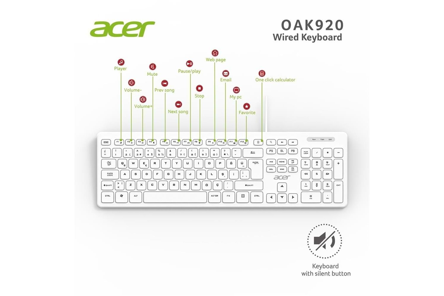 ACER OAK920 Q USB BEYAZ 1.8MT KABLOLU KLAVYE/TEK TUŞ HESAP MAKİNALI (Sessiz Tuş)