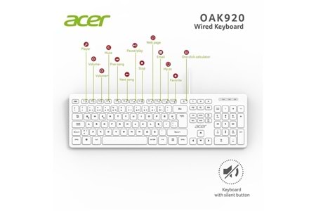 ACER OAK920 Q USB BEYAZ 1.8MT KABLOLU KLAVYE/TEK TUŞ HESAP MAKİNALI (Sessiz Tuş)