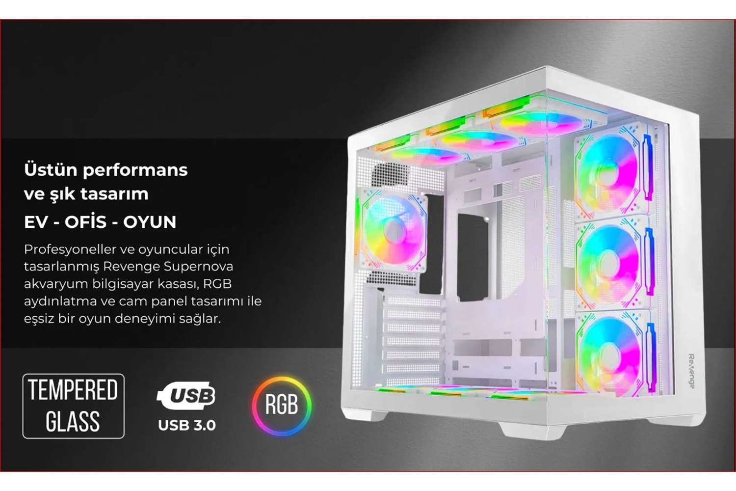 BEYAZ KUMANDALI SUPERNOVA 7 RGB FANLI ATX TEMPERLİ CAM PANEL AKVARYUM GAMİNG BİLGİSAYAR KASASI