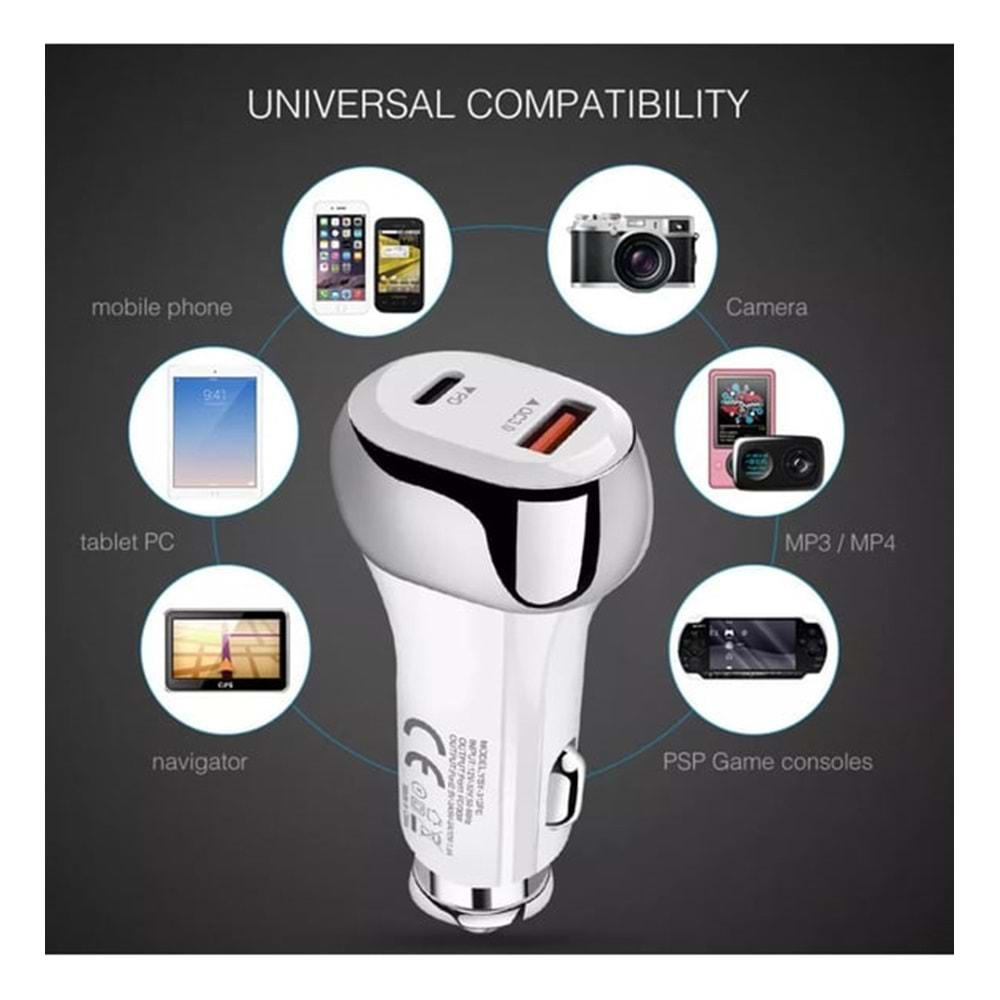 Techson DUAL PORT 38W PD 20W + USB 18W PD - QC 3.0 USB Hızlı Fast Araç Çakmaklık Şarjı